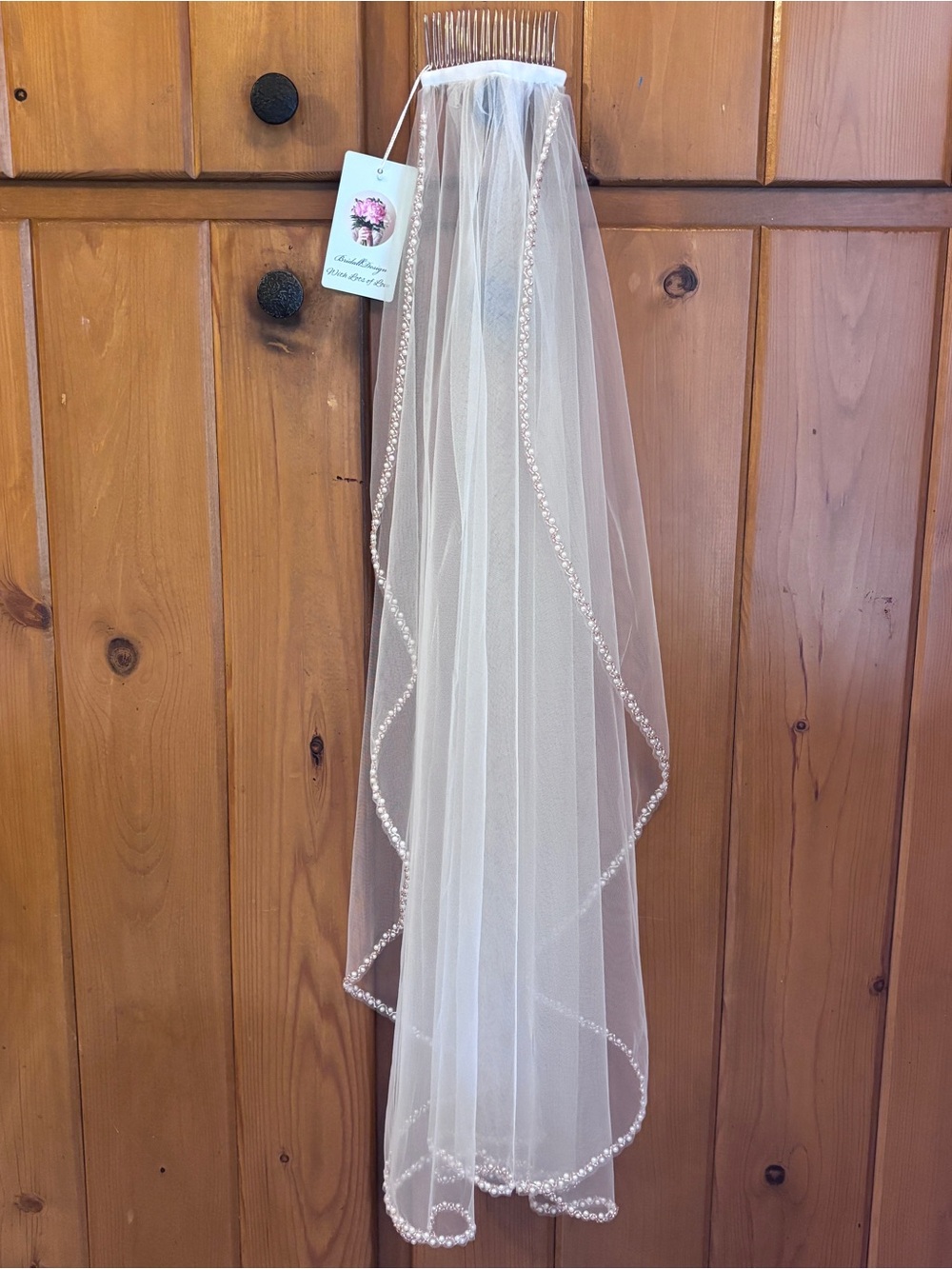 Rose Gold and Pearl Trim Bridal Veil with Comb - White 31”